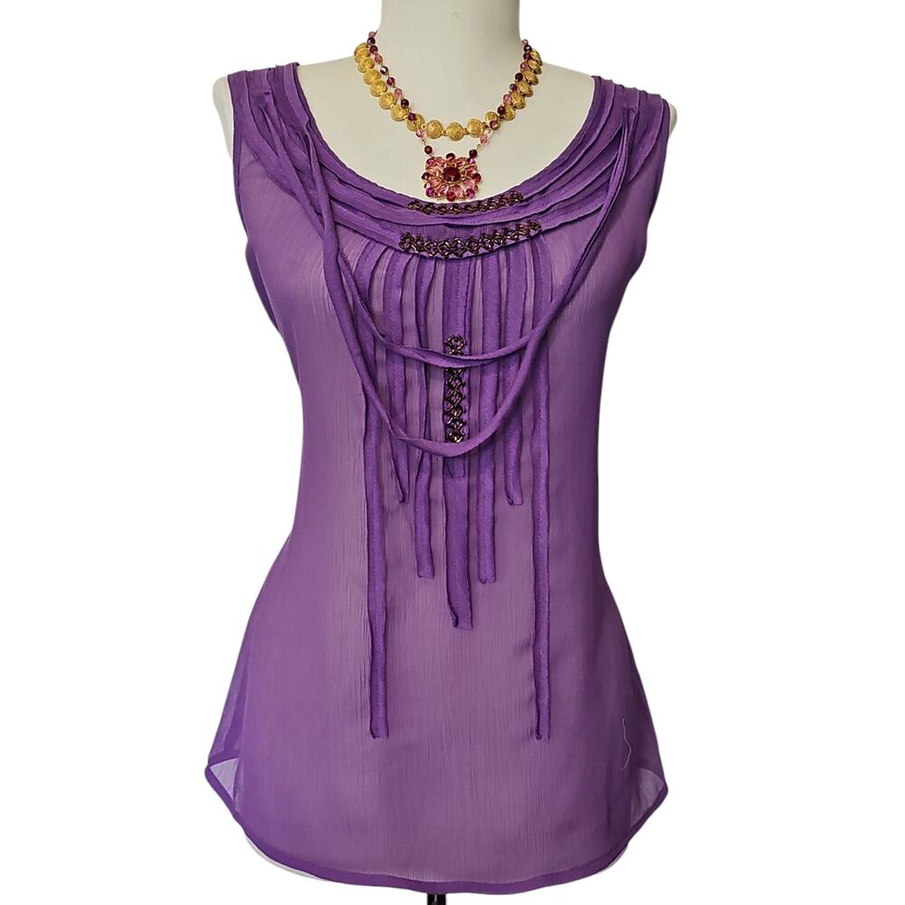 NWT Apostrophe Boho Chic Sheer Top Womens Large Beads Purple Romantic Feminine